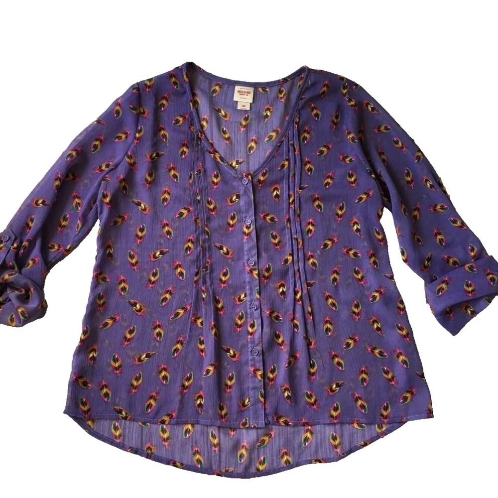 Bird Feather Print Top Jr M Y2K Office Purple Black Boho Sheer 3/4 Length Sleeve